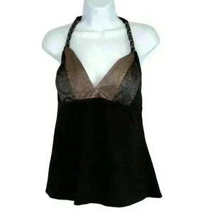 Coco Reef Tankini Top 34D Padded Bra Braided Tie Halter Neck Stretch Black